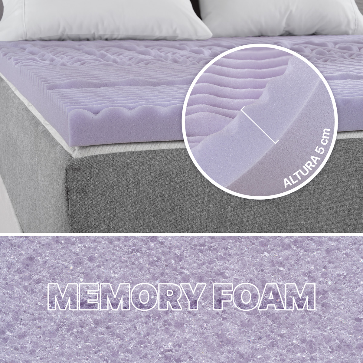 Colchoneta Cubrecolchón Memory Foam Queen Size Topper Sobrecolchón con 5 Zonas Ergonómicas Lavanda REAL TEXTIL.