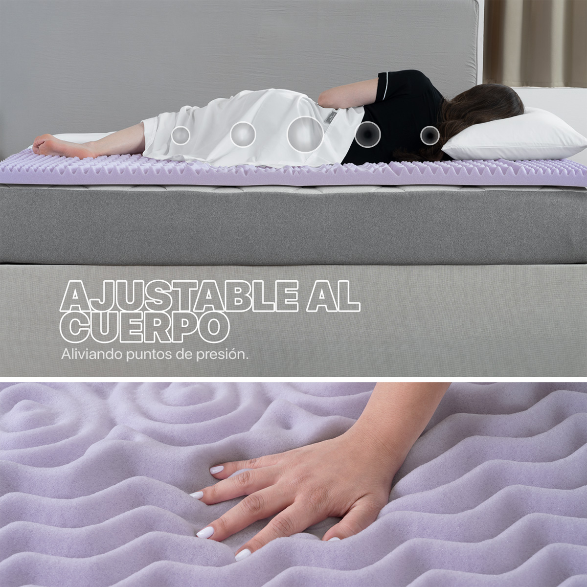 Colchoneta Cubrecolchón Memory Foam King Size Topper Sobrecolchón con 5 Zonas Ergonómicas Lavanda REAL TEXTIL.