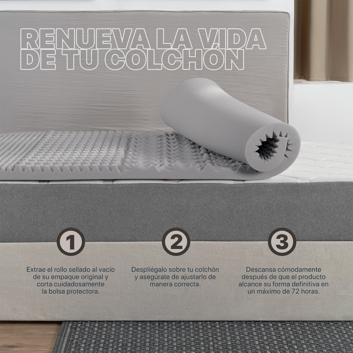 Colchoneta Cubrecolchón Memory Foam Individual Topper Sobrecolchón con 5 Zonas Ergonómicas Gris REAL TEXTIL.