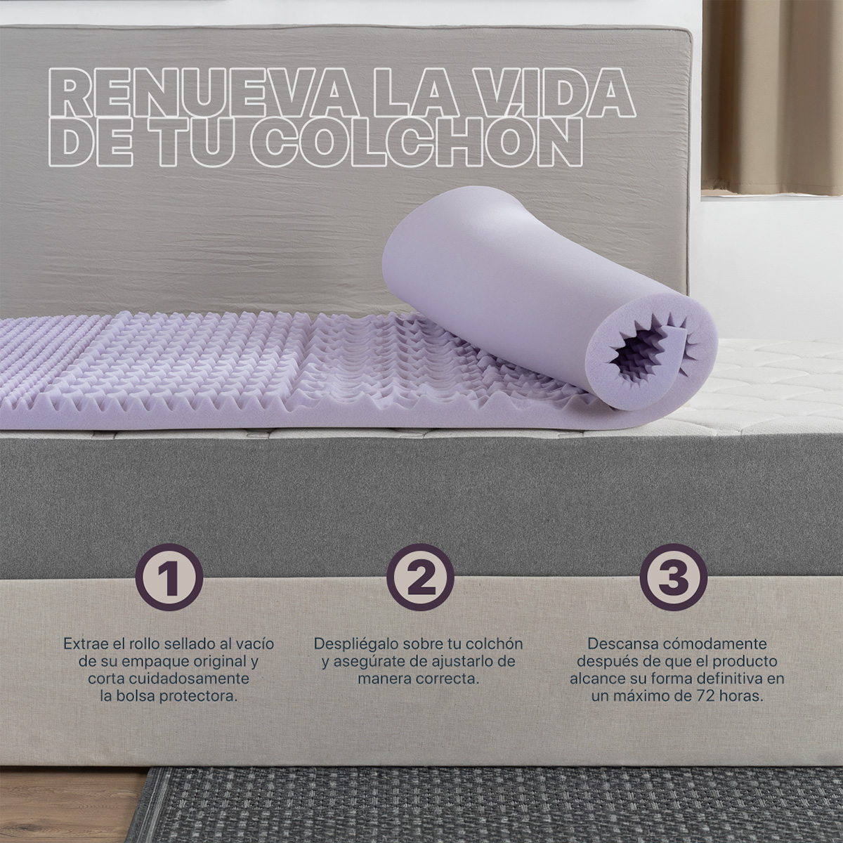 Colchoneta Cubrecolchón Memory Foam King Size Topper Sobrecolchón con 5 Zonas Ergonómicas Lavanda REAL TEXTIL.