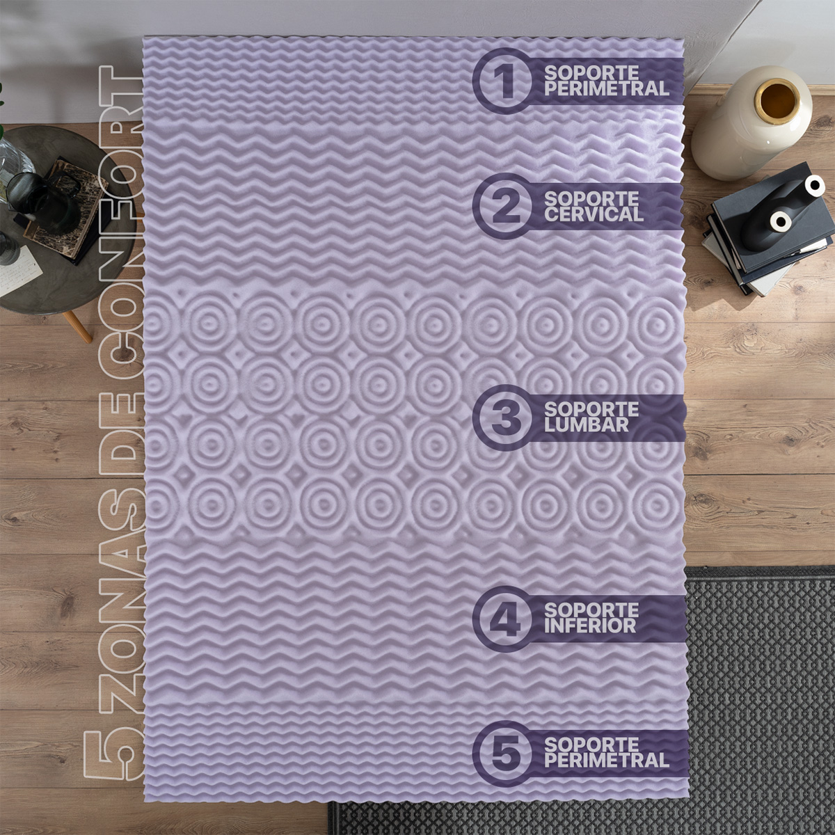 Colchoneta Cubrecolchón Memory Foam King Size Topper Sobrecolchón con 5 Zonas Ergonómicas Lavanda REAL TEXTIL.