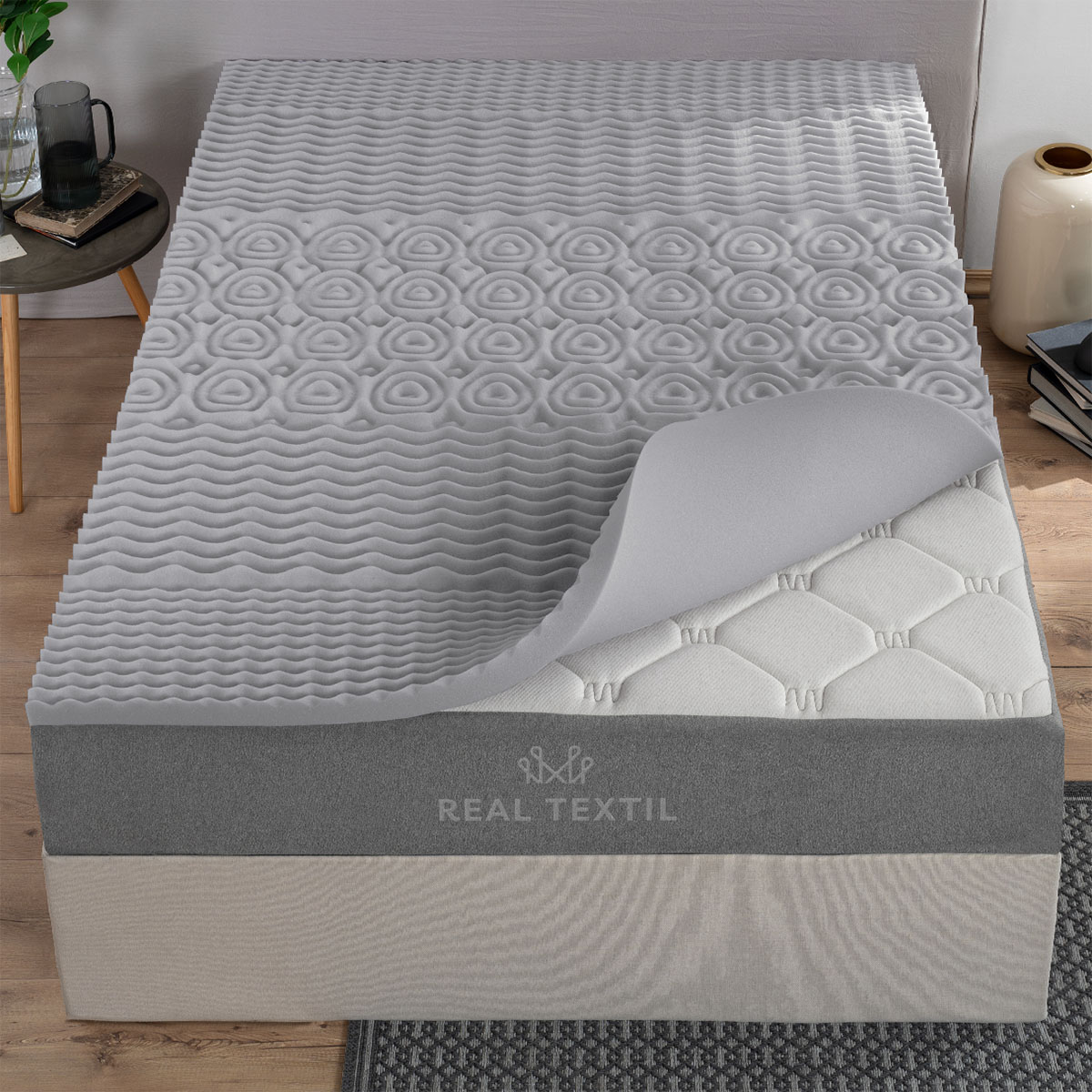 Colchoneta Cubrecolchón Memory Foam Individual Topper Sobrecolchón con 5 Zonas Ergonómicas Gris REAL TEXTIL.