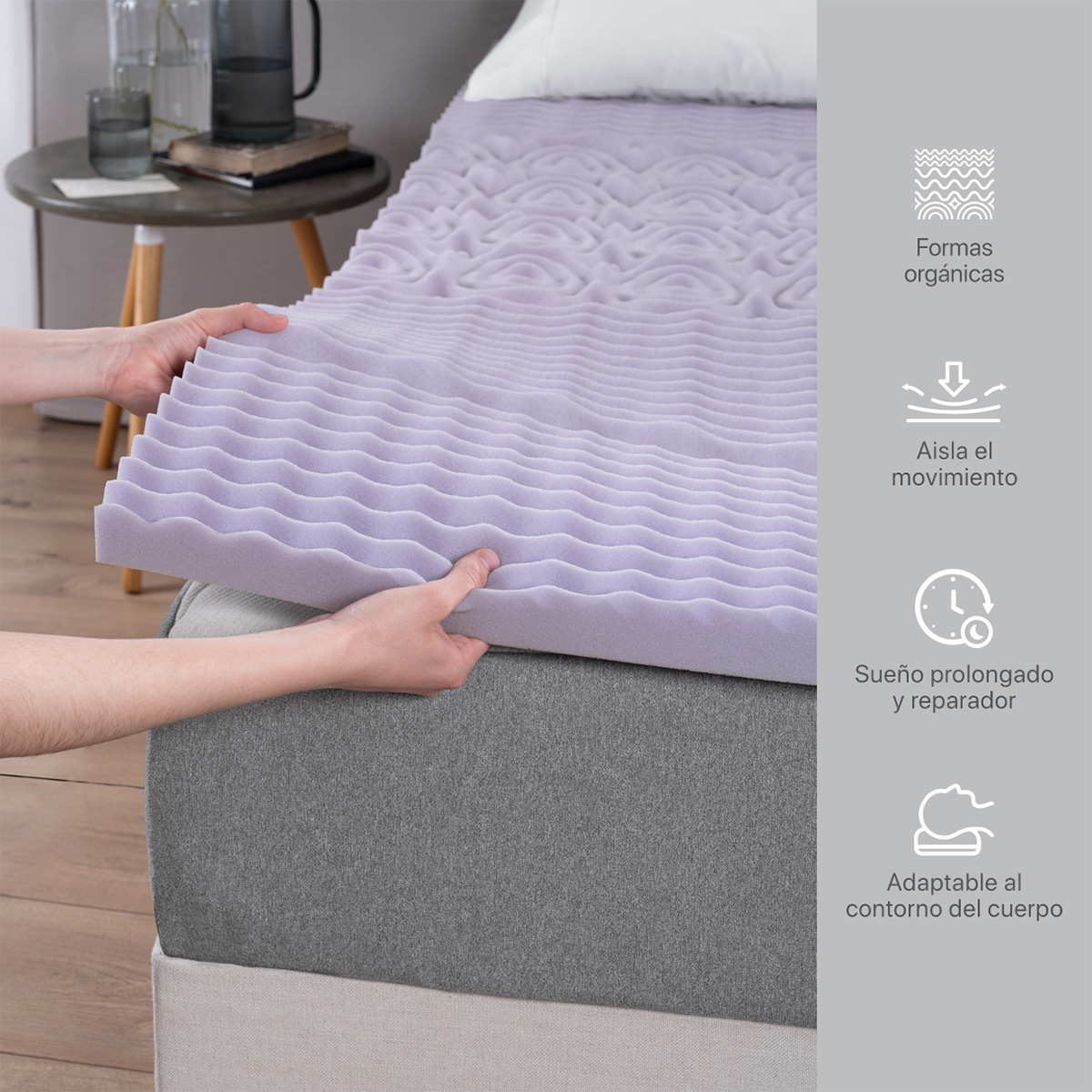 Colchoneta Cubrecolchón Memory Foam King Size Topper Sobrecolchón con 5 Zonas Ergonómicas Lavanda REAL TEXTIL.