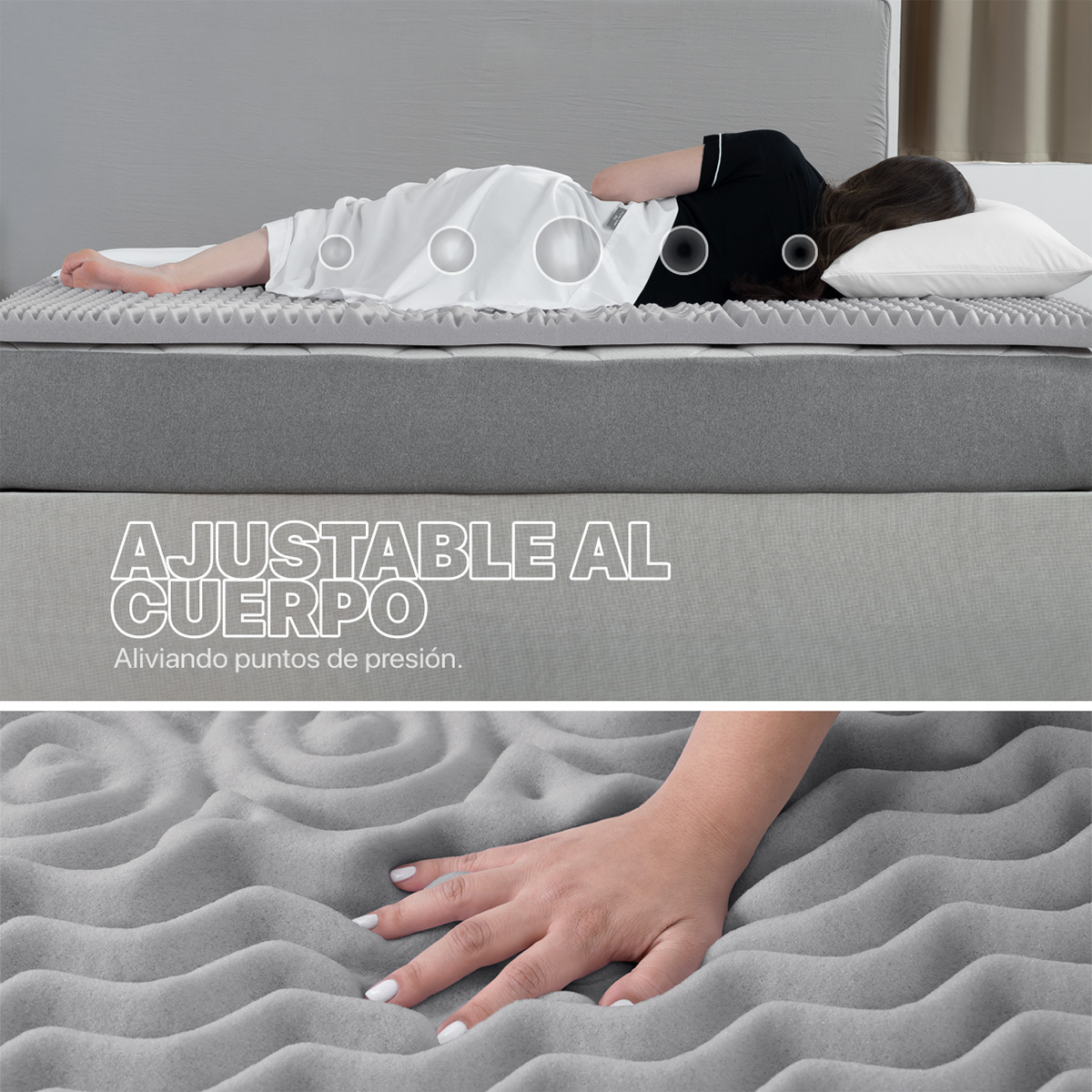Colchoneta Cubrecolchón Memory Foam Individual Topper Sobrecolchón con 5 Zonas Ergonómicas Gris REAL TEXTIL.