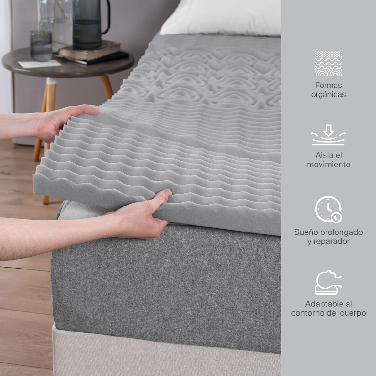 Colchoneta Cubrecolchón Memory Foam Individual Topper Sobrecolchón con 5 Zonas Ergonómicas Gris REAL TEXTIL.