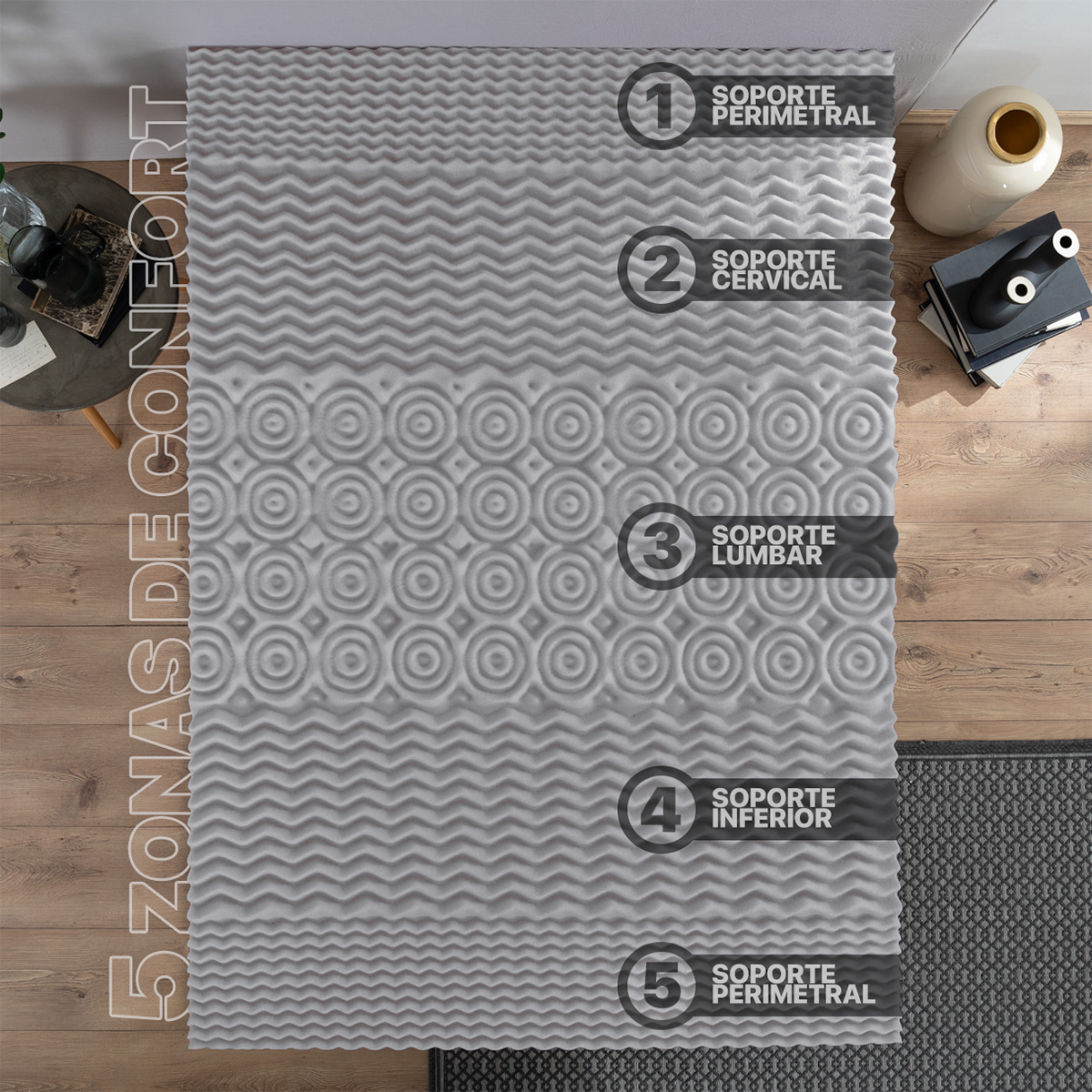Colchoneta Cubrecolchón Memory Foam King Size Topper Sobrecolchón con 5 Zonas Ergonómicas Gris REAL TEXTIL.