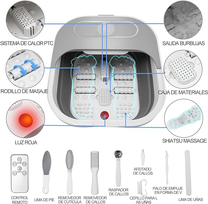 A MISS RÔSE Spa Para Pies Plegable con Calor, Masaje, Burbujas y Vibración, Tina para Pedicure Spa con 4 Rodillos, Control de Temperatura, Luz Roja, Orificio de Drenaje, Juego de Pedicura Adicional.