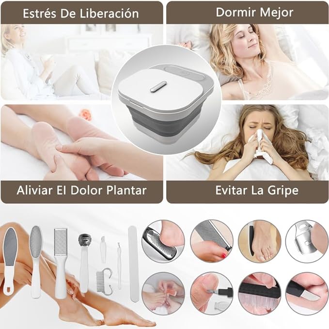 A MISS RÔSE Spa Para Pies Plegable con Calor, Masaje, Burbujas y Vibración, Tina para Pedicure Spa con 4 Rodillos, Control de Temperatura, Luz Roja, Orificio de Drenaje, Juego de Pedicura Adicional.