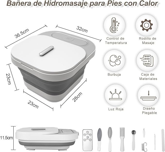 A MISS RÔSE Spa Para Pies Plegable con Calor, Masaje, Burbujas y Vibración, Tina para Pedicure Spa con 4 Rodillos, Control de Temperatura, Luz Roja, Orificio de Drenaje, Juego de Pedicura Adicional.