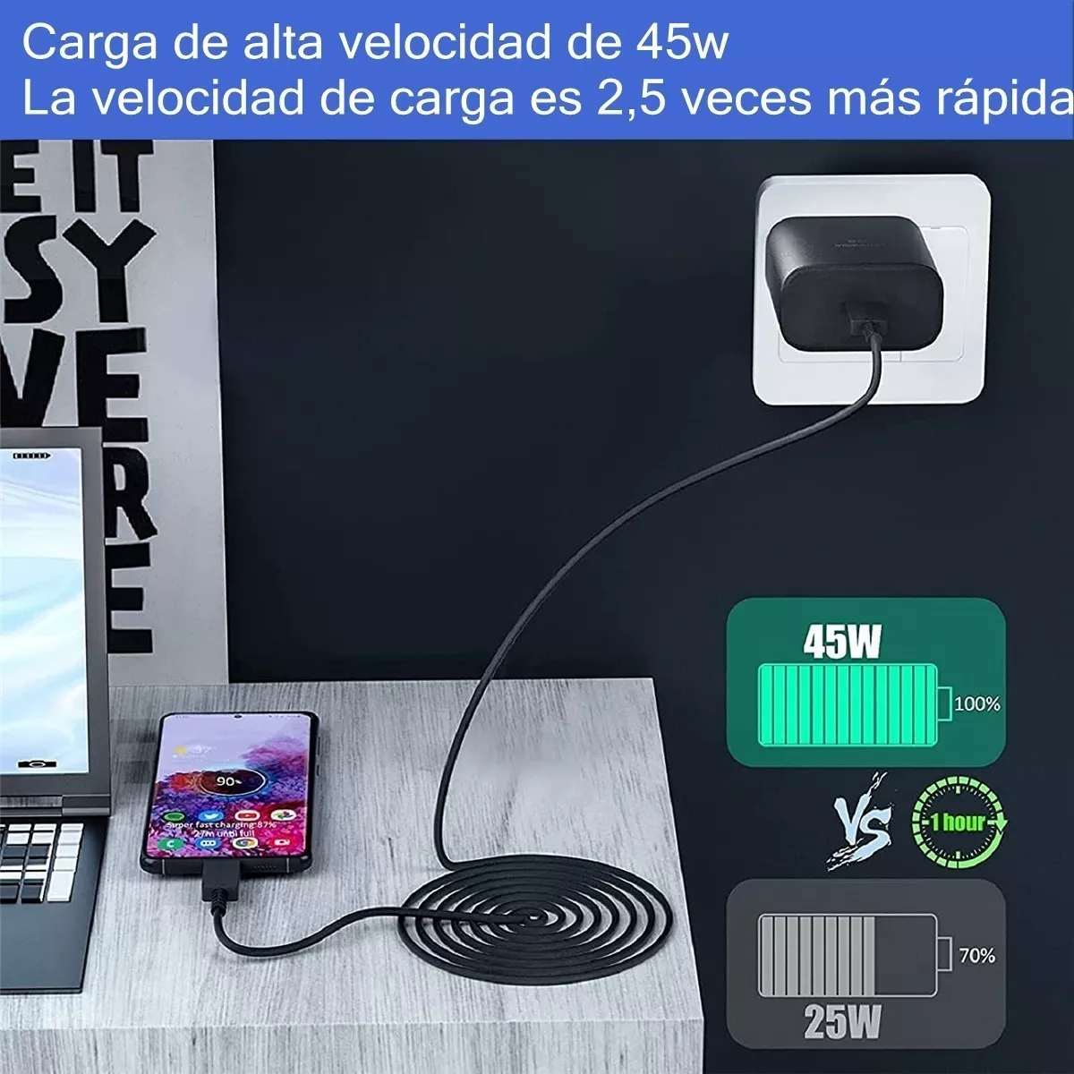 Cargador Super Carga Rápida Tipo C  Para Samsung S23 S23+ Negro