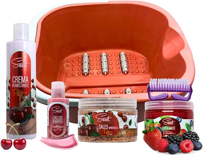 A Sweet Set de 6 Artículos para Spa en Casa Tina para Pies Pedicure Con Rodillos Masajeadores Cremas Sales Exfoliante y Callus Kit de Tratamiento Completo de Spa para Pies Color Durazno.