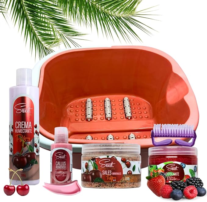 A Sweet Set de 6 Artículos para Spa en Casa Tina para Pies Pedicure Con Rodillos Masajeadores Cremas Sales Exfoliante y Callus Kit de Tratamiento Completo de Spa para Pies Color Durazno.