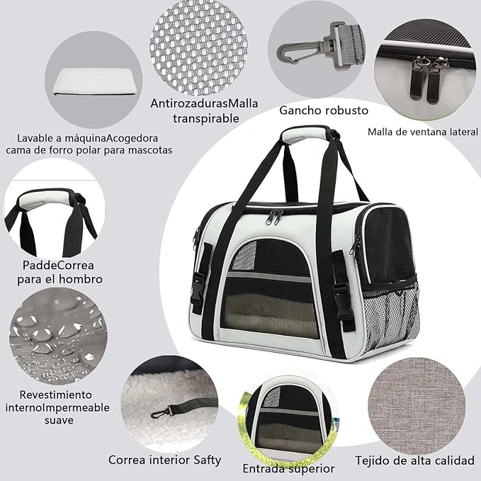 A qikkop Transportadora para Perro y Gato, Bolsa de Mascotas Plegable Portátil para Perros, Transpirable Mochila para Gato con Correa de Hombro Ajustable Cojín de Felpa, Carga MAX 10kg/22LB(Negro Gris).