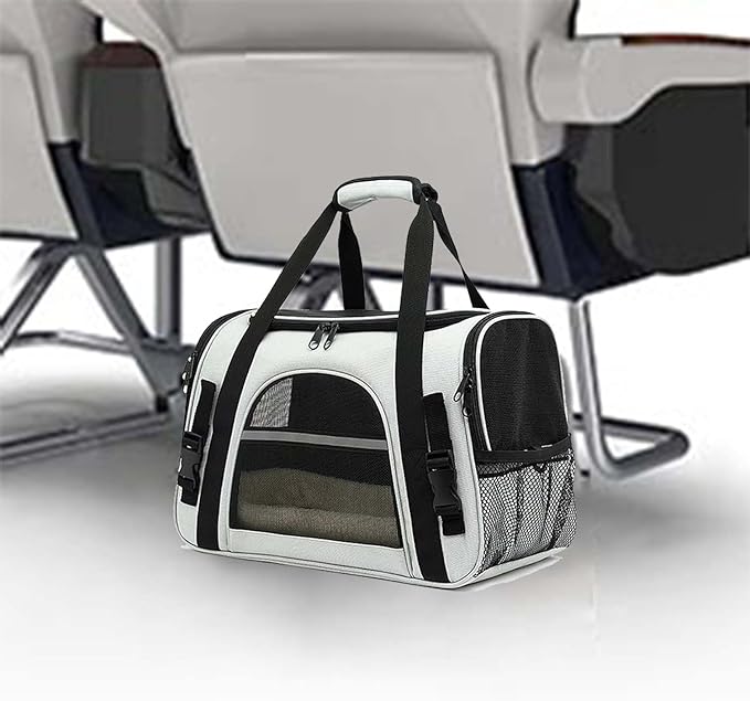 A qikkop Transportadora para Perro y Gato, Bolsa de Mascotas Plegable Portátil para Perros, Transpirable Mochila para Gato con Correa de Hombro Ajustable Cojín de Felpa, Carga MAX 10kg/22LB(Negro Gris).