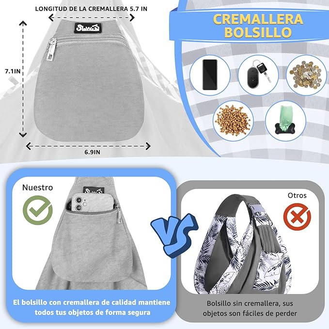 A SlowTon Cangurera Mochila para Llevar Perro Manos Libres con Correa Acolchada Ajustable, Bolsa de Algodón Transpirable con Cinturón de Seguridad para Mascota hasta 6kg, Lavable a Máquina (Gris).