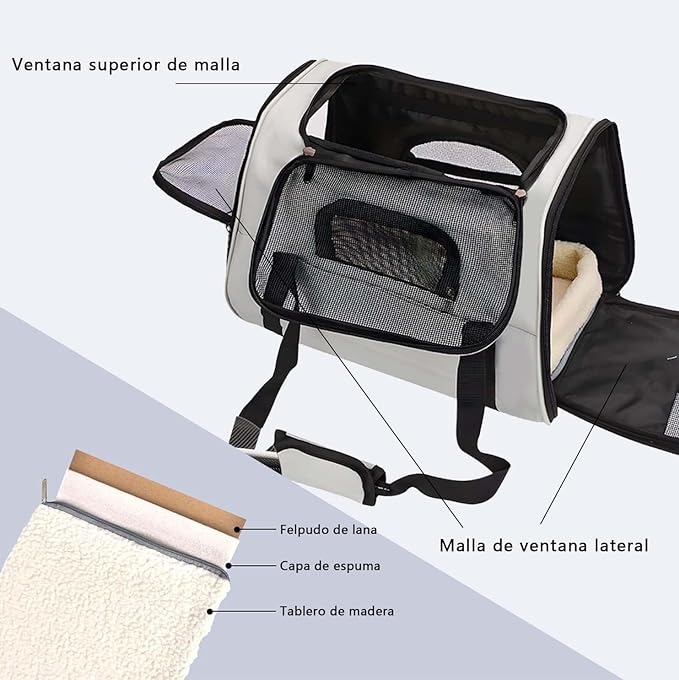 A qikkop Transportadora para Perro y Gato, Bolsa de Mascotas Plegable Portátil para Perros, Transpirable Mochila para Gato con Correa de Hombro Ajustable Cojín de Felpa, Carga MAX 10kg/22LB(Negro Gris).