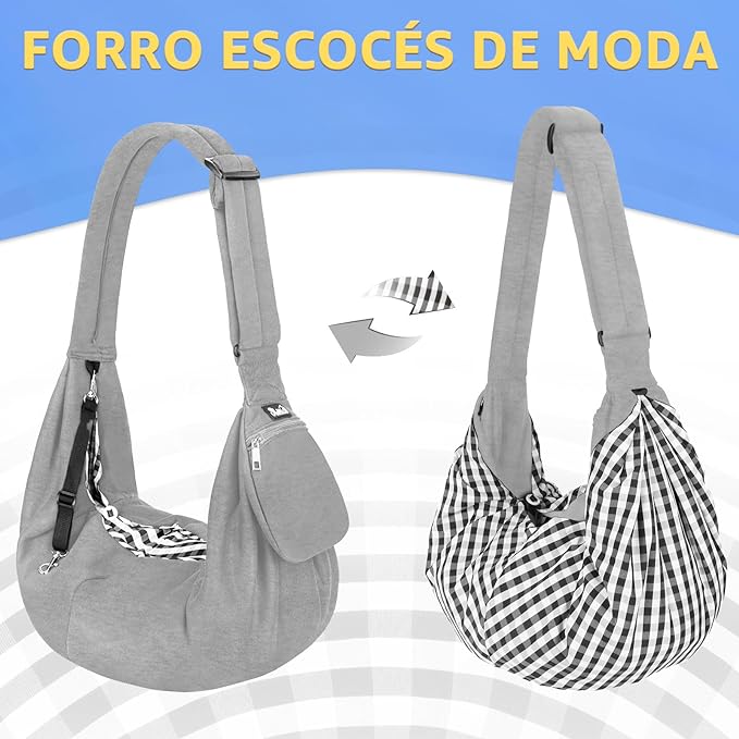 A SlowTon Cangurera Mochila para Llevar Perro Manos Libres con Correa Acolchada Ajustable, Bolsa de Algodón Transpirable con Cinturón de Seguridad para Mascota hasta 6kg, Lavable a Máquina (Gris).