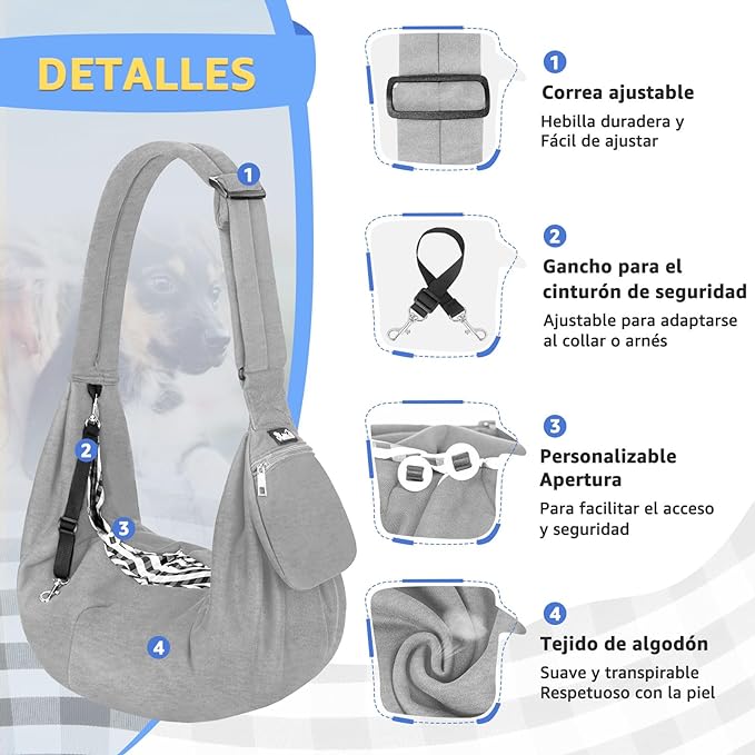 A SlowTon Cangurera Mochila para Llevar Perro Manos Libres con Correa Acolchada Ajustable, Bolsa de Algodón Transpirable con Cinturón de Seguridad para Mascota hasta 6kg, Lavable a Máquina (Gris).