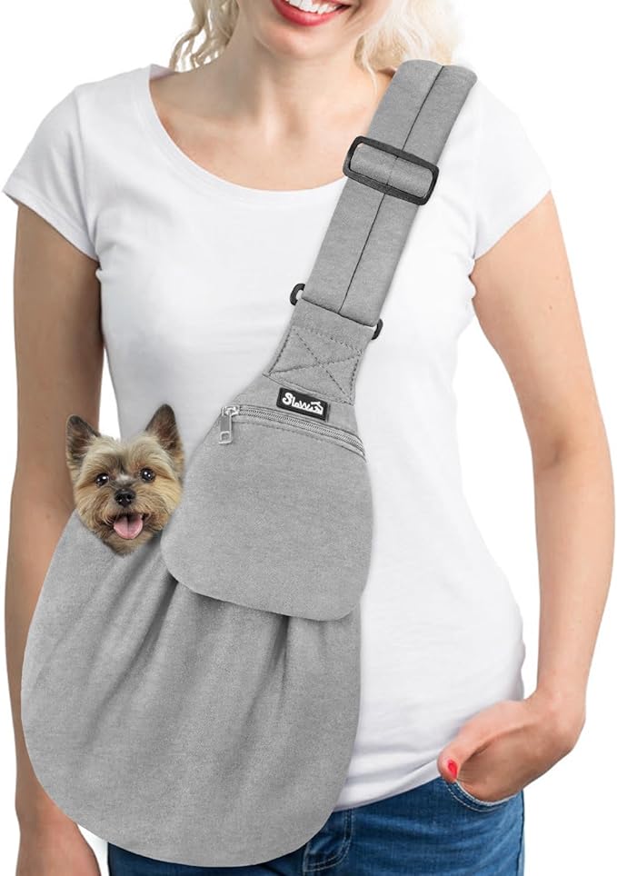 A SlowTon Cangurera Mochila para Llevar Perro Manos Libres con Correa Acolchada Ajustable, Bolsa de Algodón Transpirable con Cinturón de Seguridad para Mascota hasta 6kg, Lavable a Máquina (Gris).