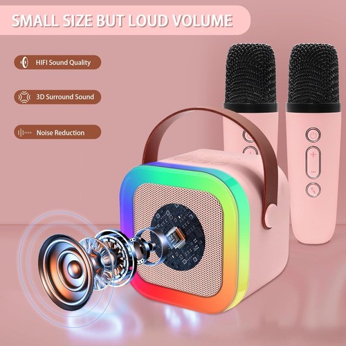 "Bocina Karaoke Bluetooth Recargable Portatil Con 2 Microfono Cuadrado Rosa "