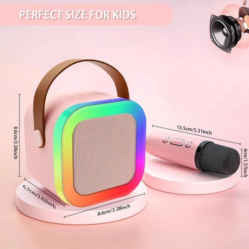 "Bocina Karaoke Bluetooth Recargable Portatil Con 2 Microfono Cuadrado Rosa "