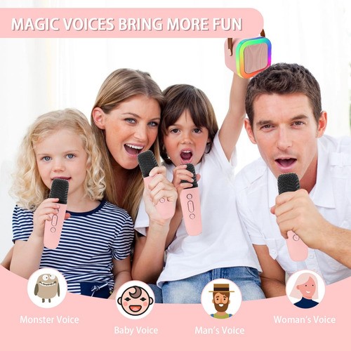 "Bocina Karaoke Bluetooth Recargable Portatil Con 2 Microfono Cuadrado Rosa "