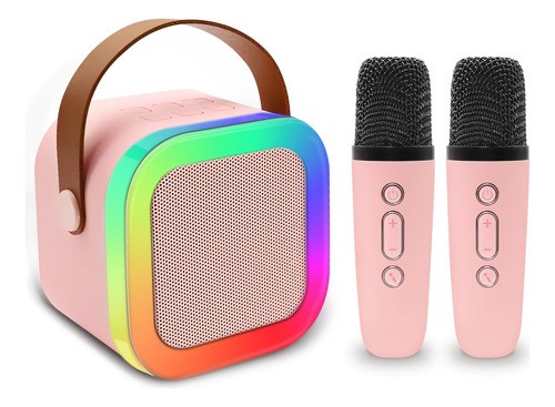 "Bocina Karaoke Bluetooth Recargable Portatil Con 2 Microfono Cuadrado Rosa "