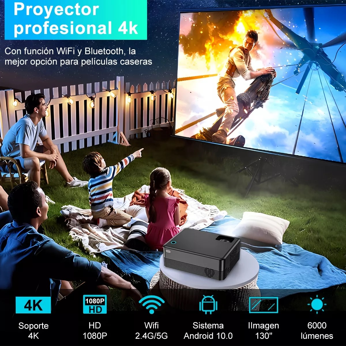 Proyector 4k Portátil Profesional Android 5g Wifi Full Hd Negro.
