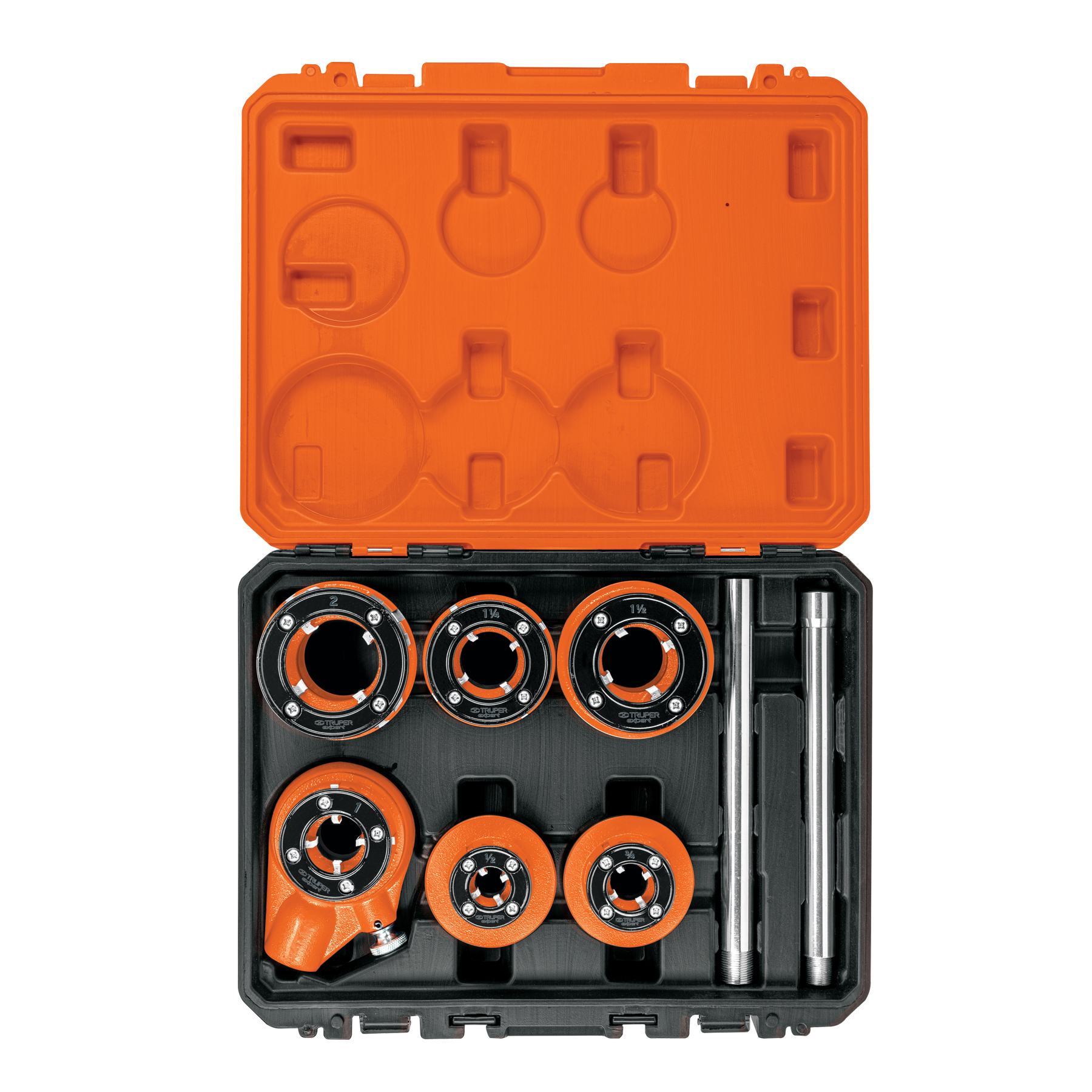 Juego de 7 tarrajas para tubo Truper de 1/2 a 2 pul T852X naranja