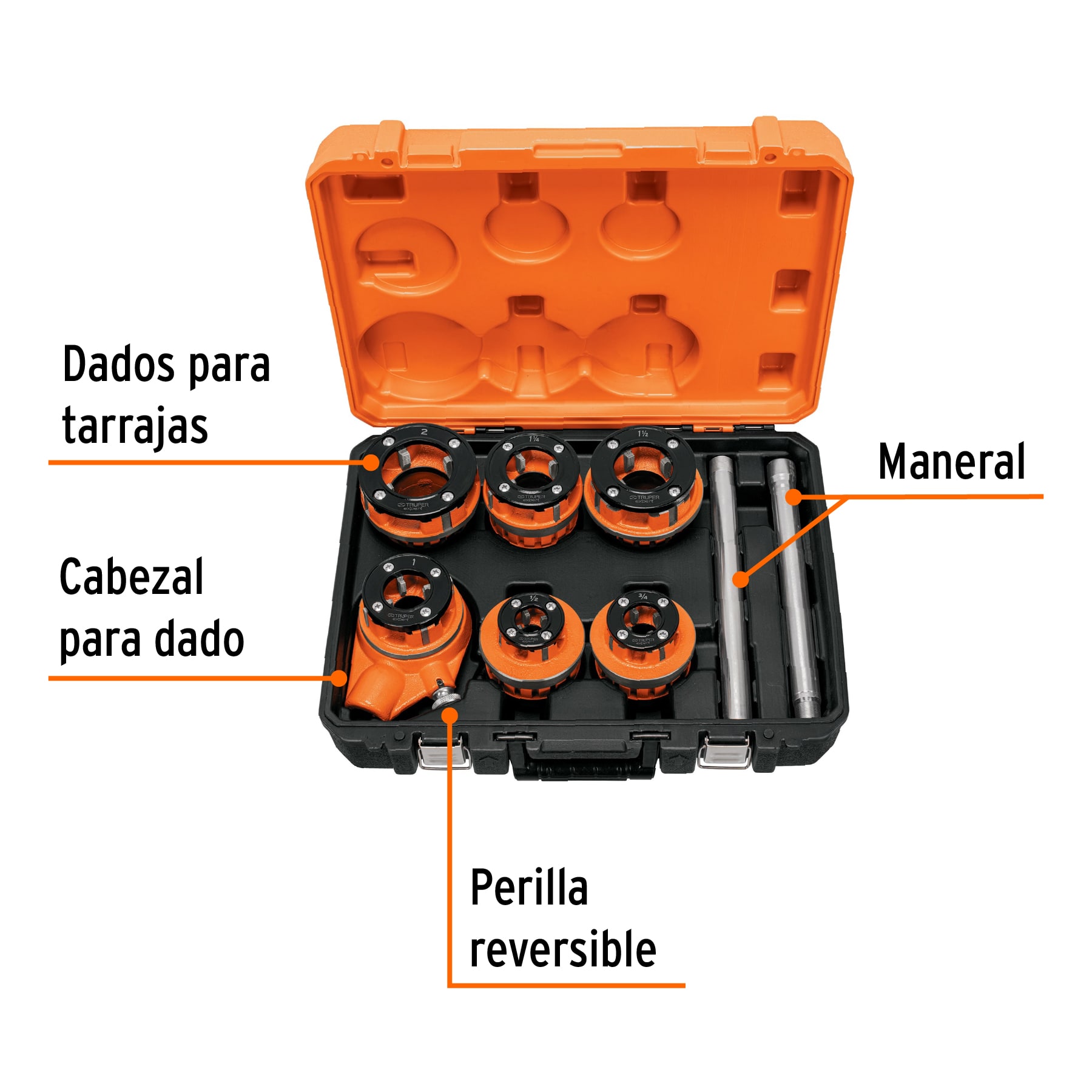 Juego de 7 tarrajas para tubo Truper de 1/2 a 2 pul T852X naranja