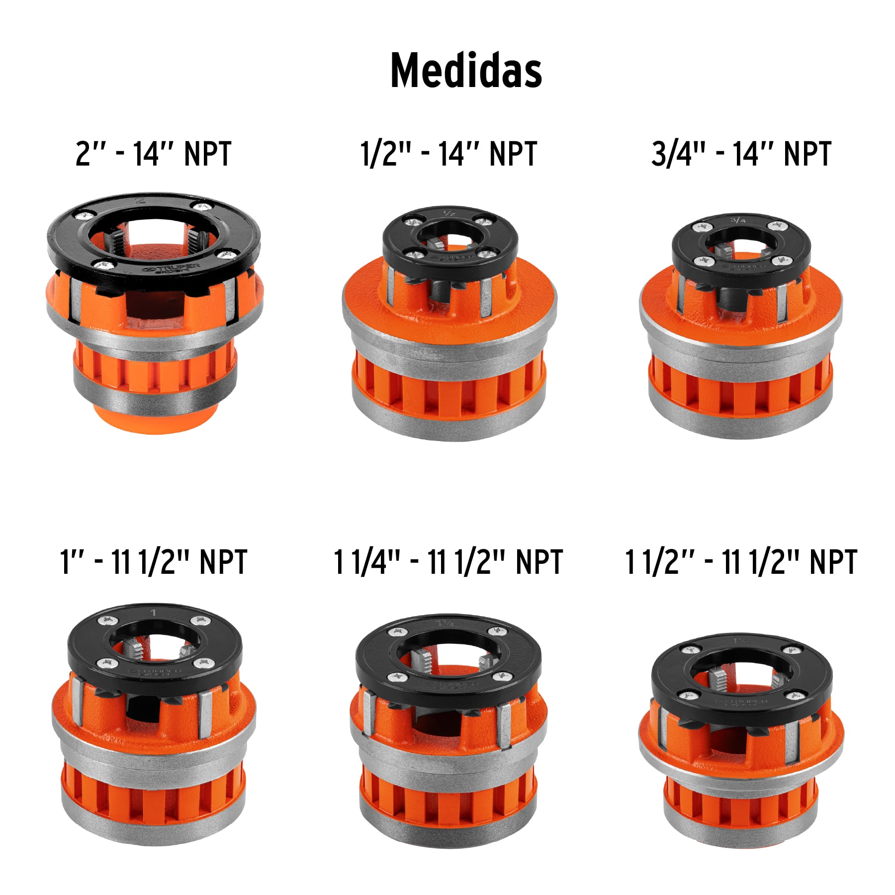 Juego de 7 tarrajas para tubo Truper de 1/2 a 2 pul T852X naranja