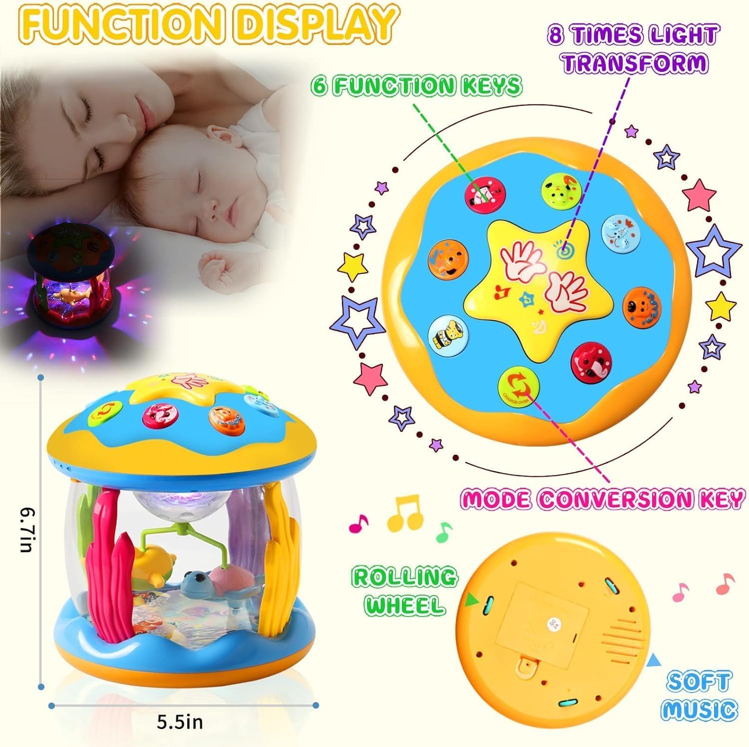 Proyector Giratorio Musical con Luces Led Animales Marinos Juguetes Bebés.