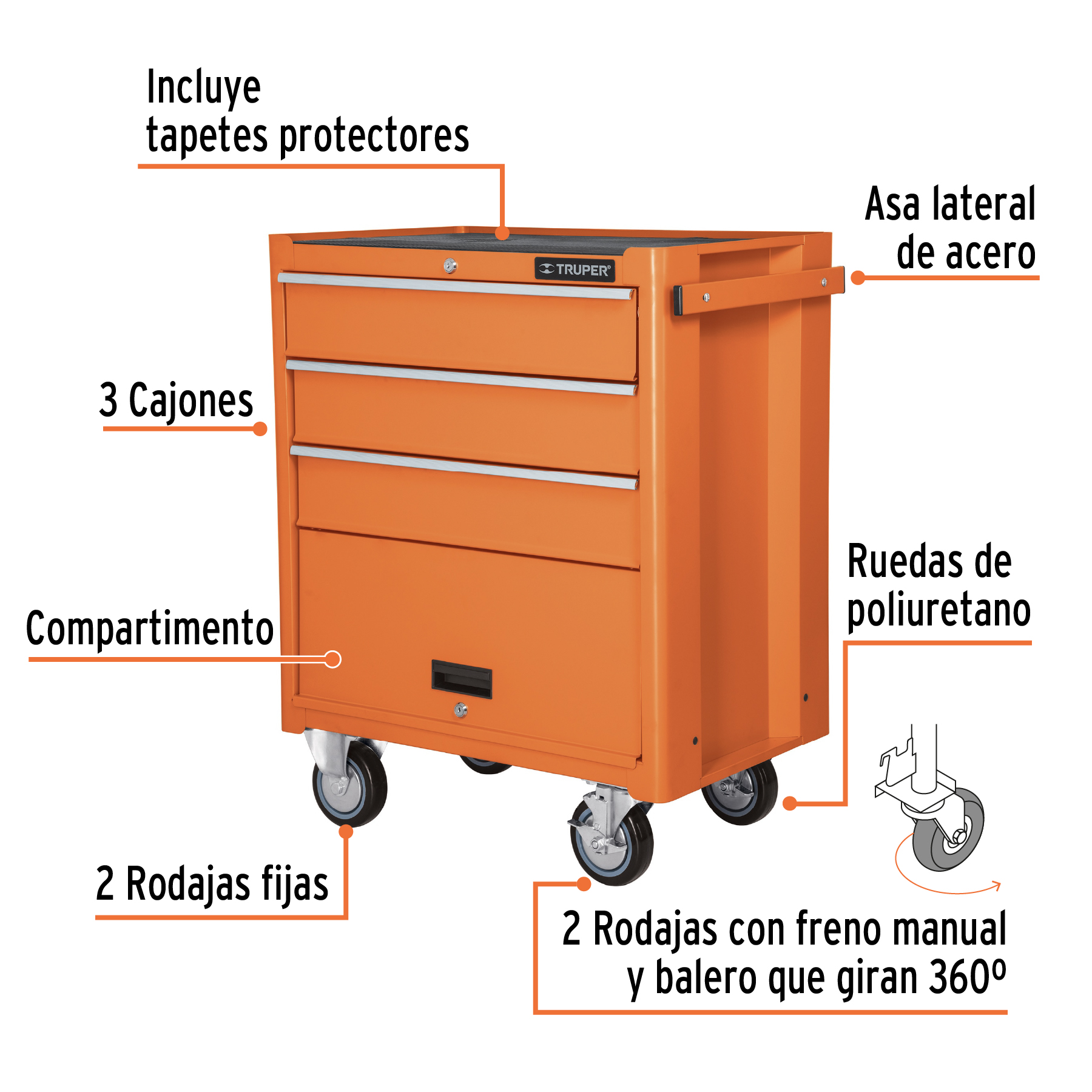 Gabinete metálico móvil Truper 4 cajones capacidad 90 kg GAMO4090 naranja