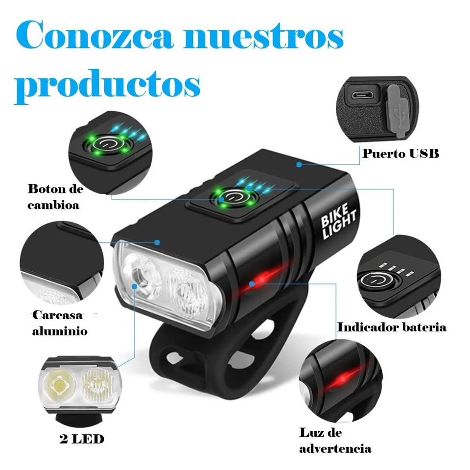 Luz bicicleta USB recargable luces LED bicicleta 6 modos linterna faro lámpara delantera.