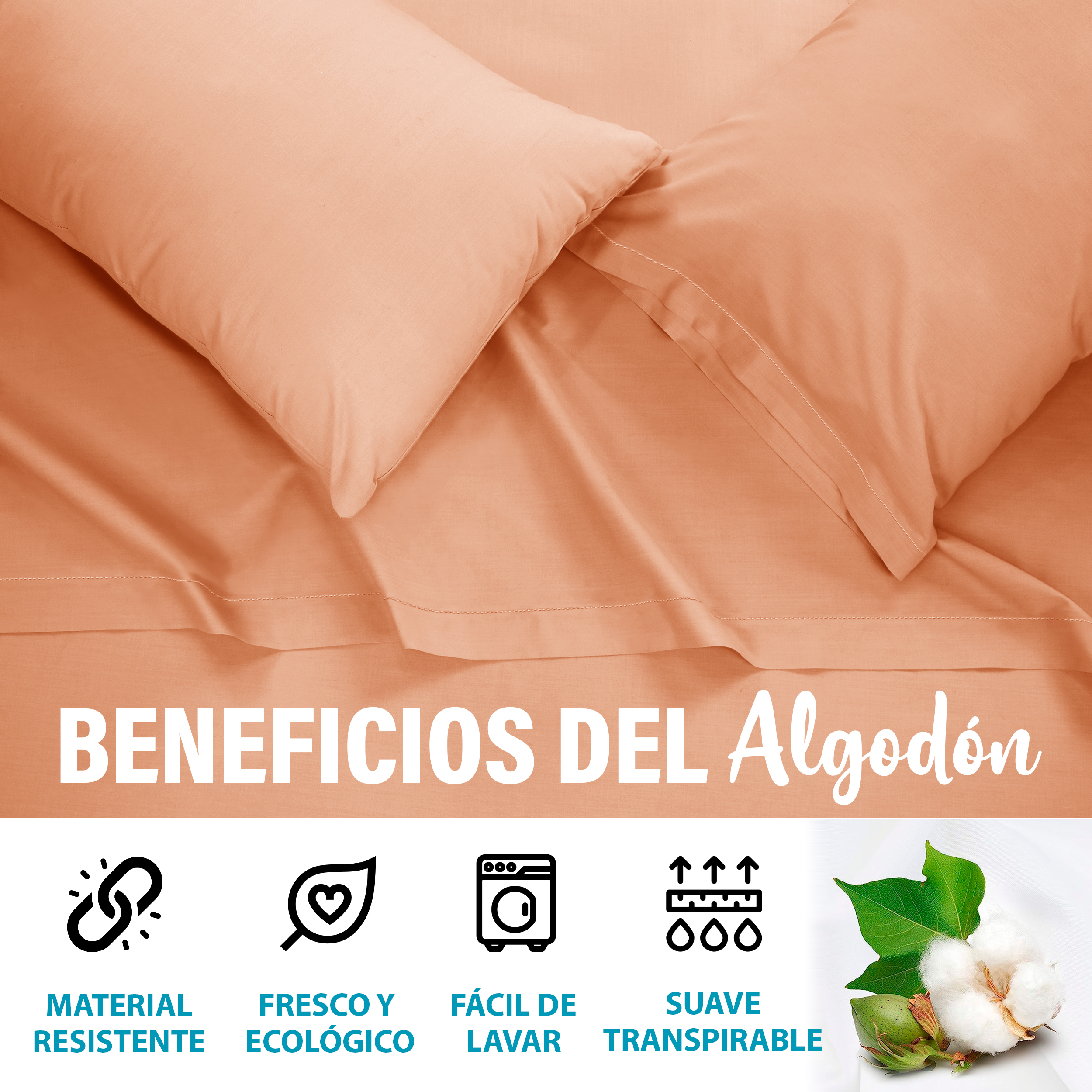 Juego de Sábanas Individual Durazno Algodón Percal Suave y Fresco