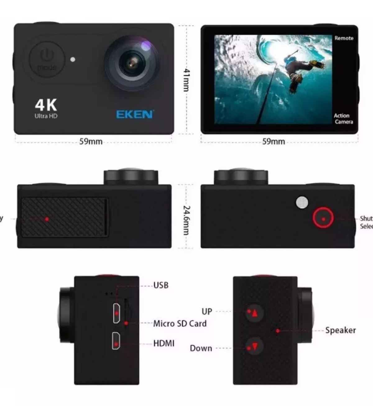 Camara Deportiva de Acción Eken H9R con 3 Baterías de Regalo Original