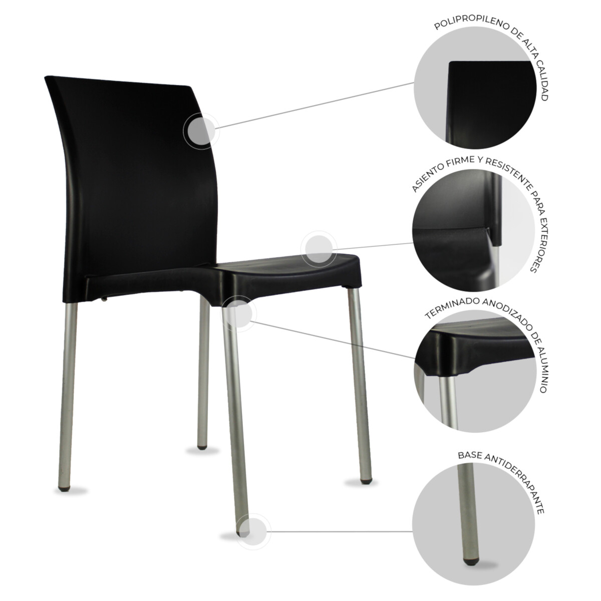 SET DE 2 SILLAS DE PLASTICO PARA INTERIOR O EXTERIOR MODELO VIVANTI COLOR NEGRO.