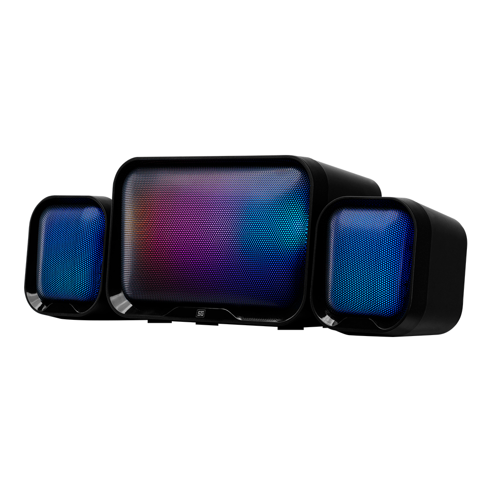 BOCINAS VORAGO SPK-255, 2.1CH, ILUMINACION RGB, PLUG 3.5MM, ALIMENTACION USN 2.0, COLOR NEGRO.