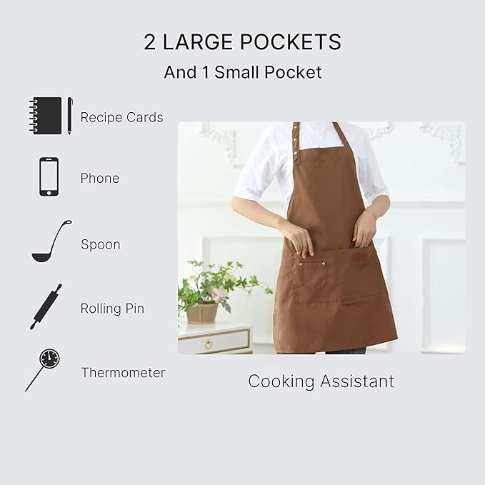 A 2 Piezas Delantales para Mujeres Hombres Barbacoa Chef Cocina Resistente Poliéster Delantal de Cocina Ajustable con Bolsillos para Parrilla Unisex Hornear Pintura Arte Estilista.