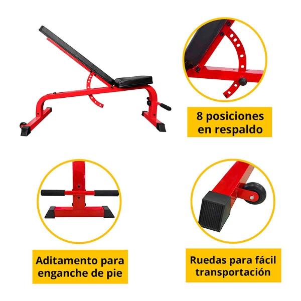 Banco Fitness Tayga para Gimnasio reclinable color Rojo  diferentes posiciones ..