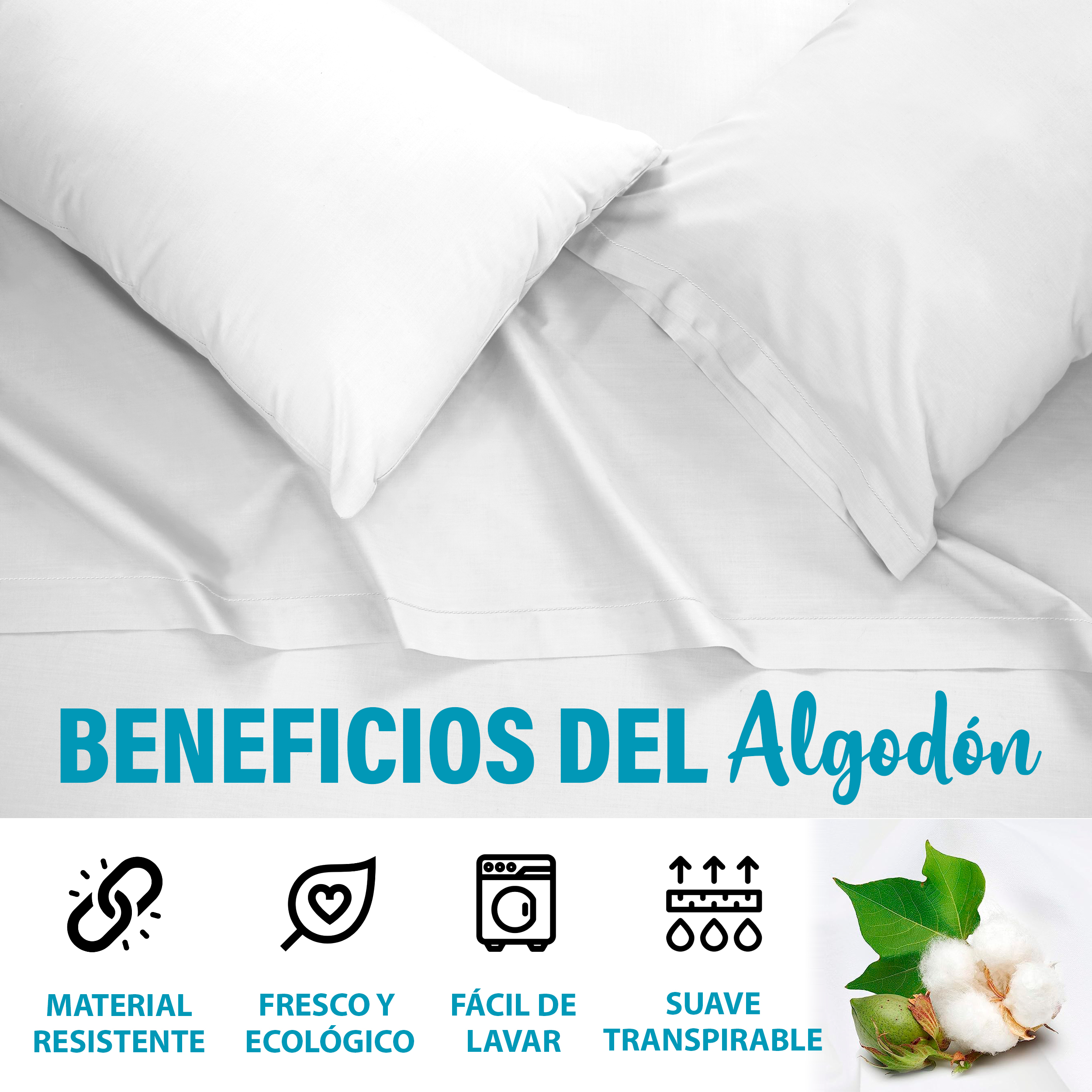 Juego De Sábanas Algodón Queen Size Color Blanco 4 Pzas Transpirable