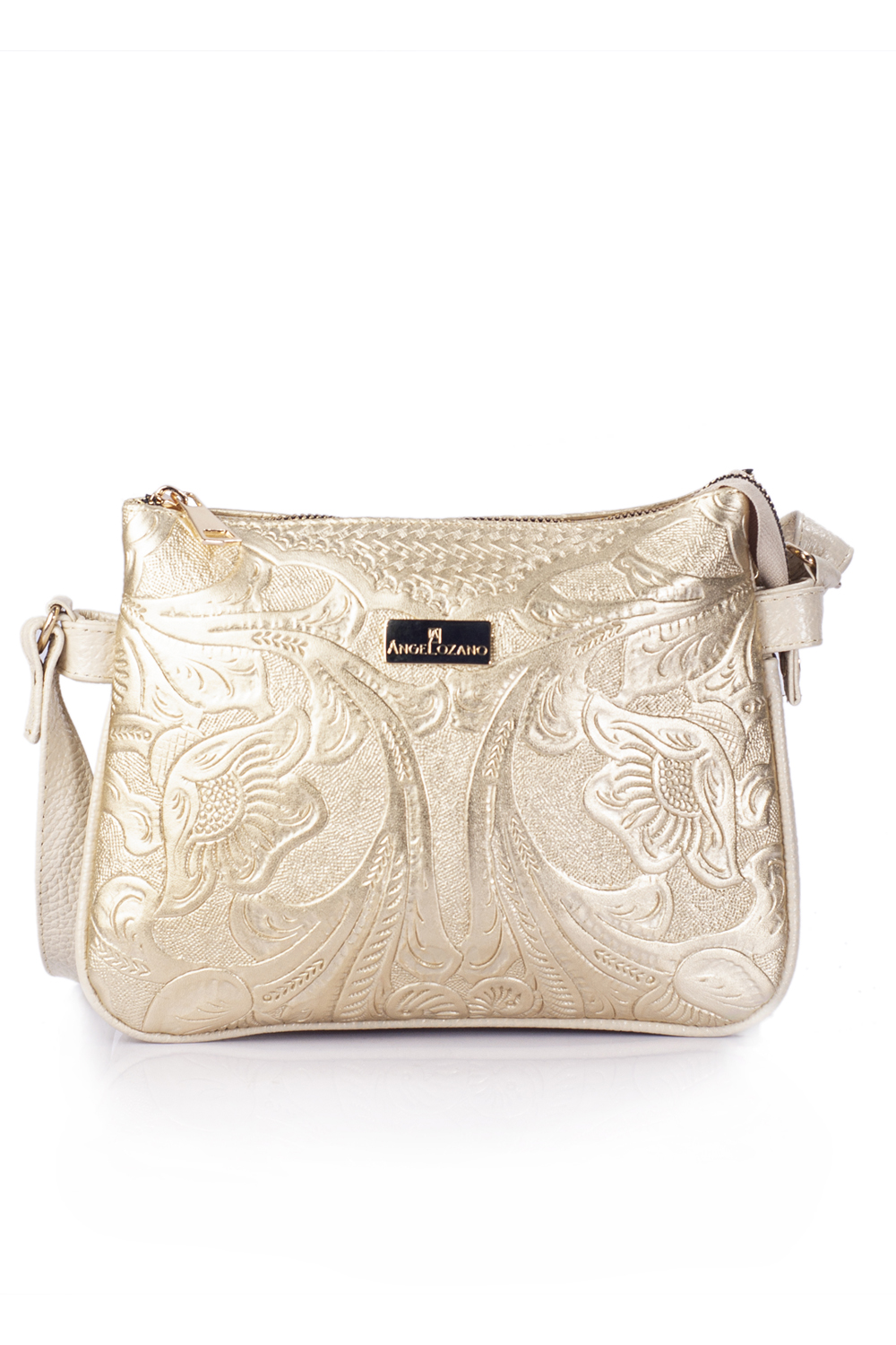 Bolso tipo crossbody A ÁNGELOZANO modelo Jaquelines piel grabada tipo cincelado color Oro.