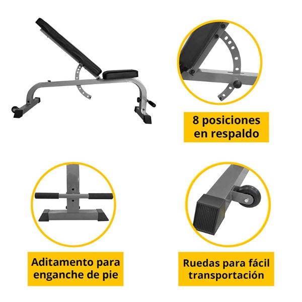 Banco Fitness Tayga para Gimnasio reclinable color gris  diferentes posiciones 