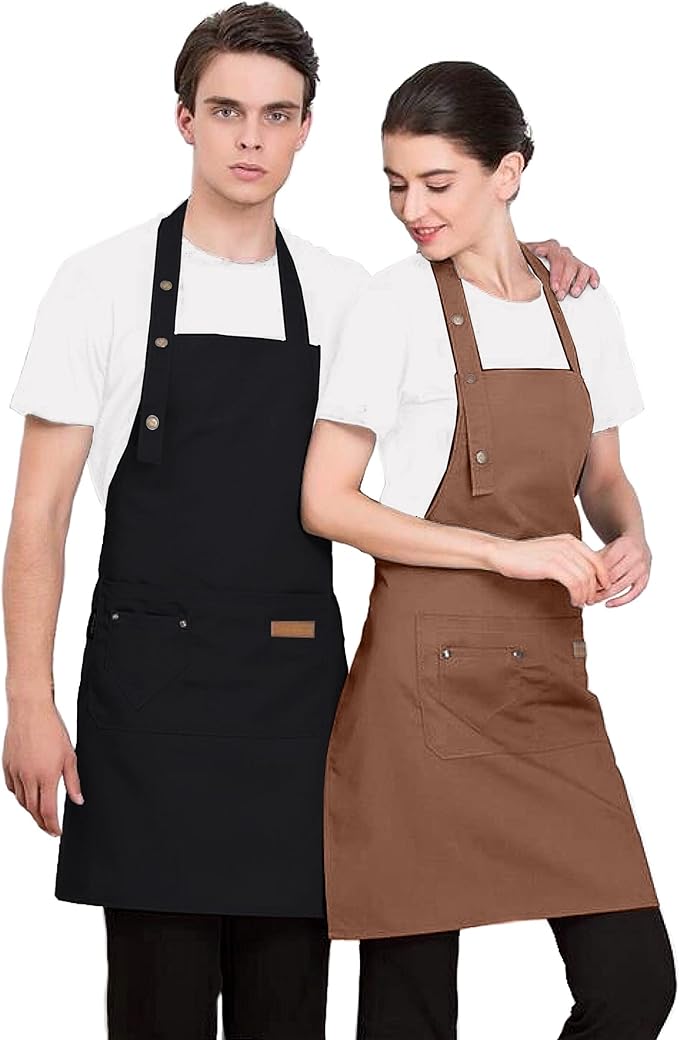 A 2 Piezas Delantales para Mujeres Hombres Barbacoa Chef Cocina Resistente Poliéster Delantal de Cocina Ajustable con Bolsillos para Parrilla Unisex Hornear Pintura Arte Estilista.