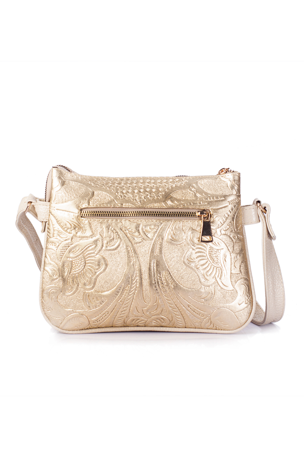 Bolso tipo crossbody A ÁNGELOZANO modelo Jaquelines piel grabada tipo cincelado color Oro.