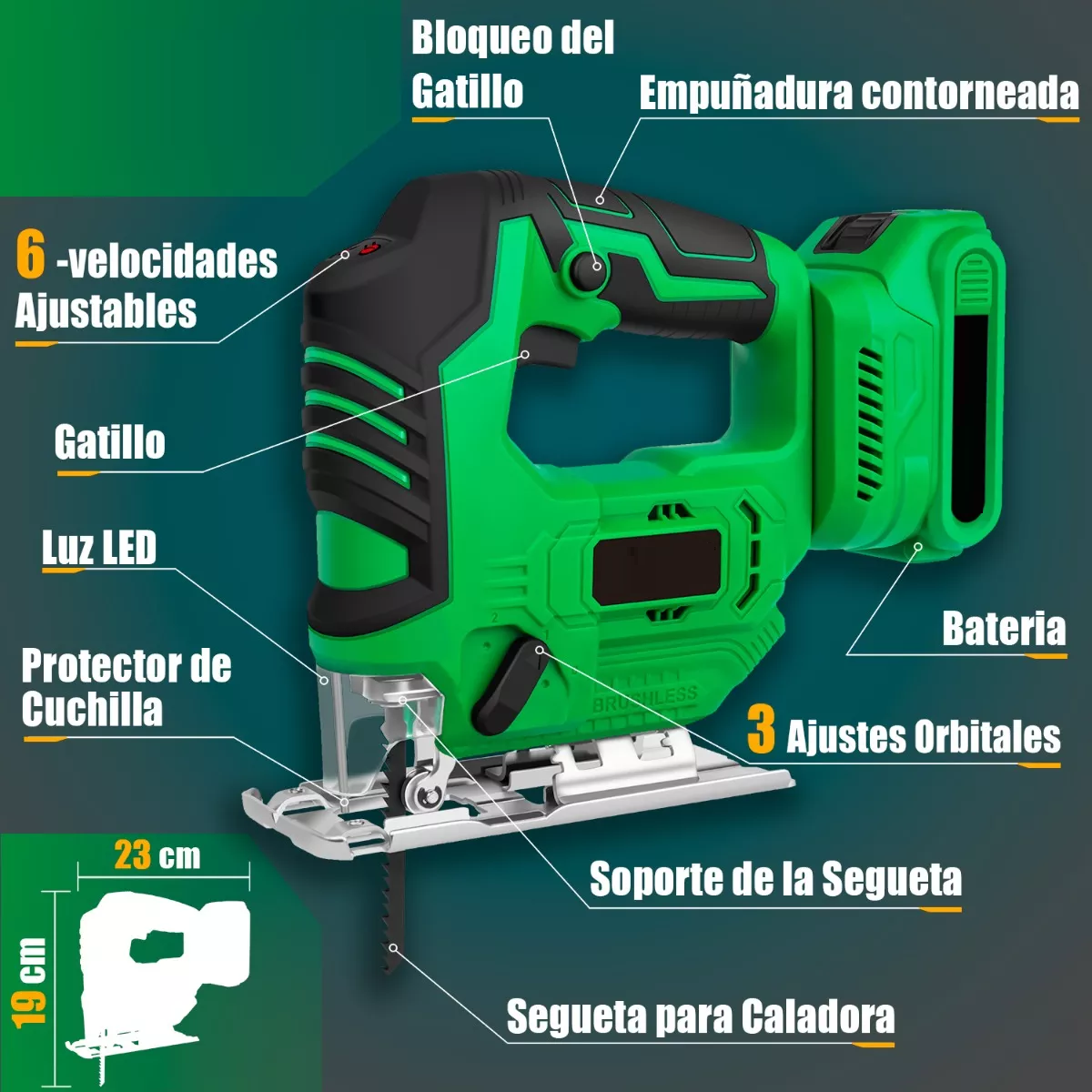 Sierra Caladora Inalámbrico Sin Carbones  2 Baterías Verde/Negro