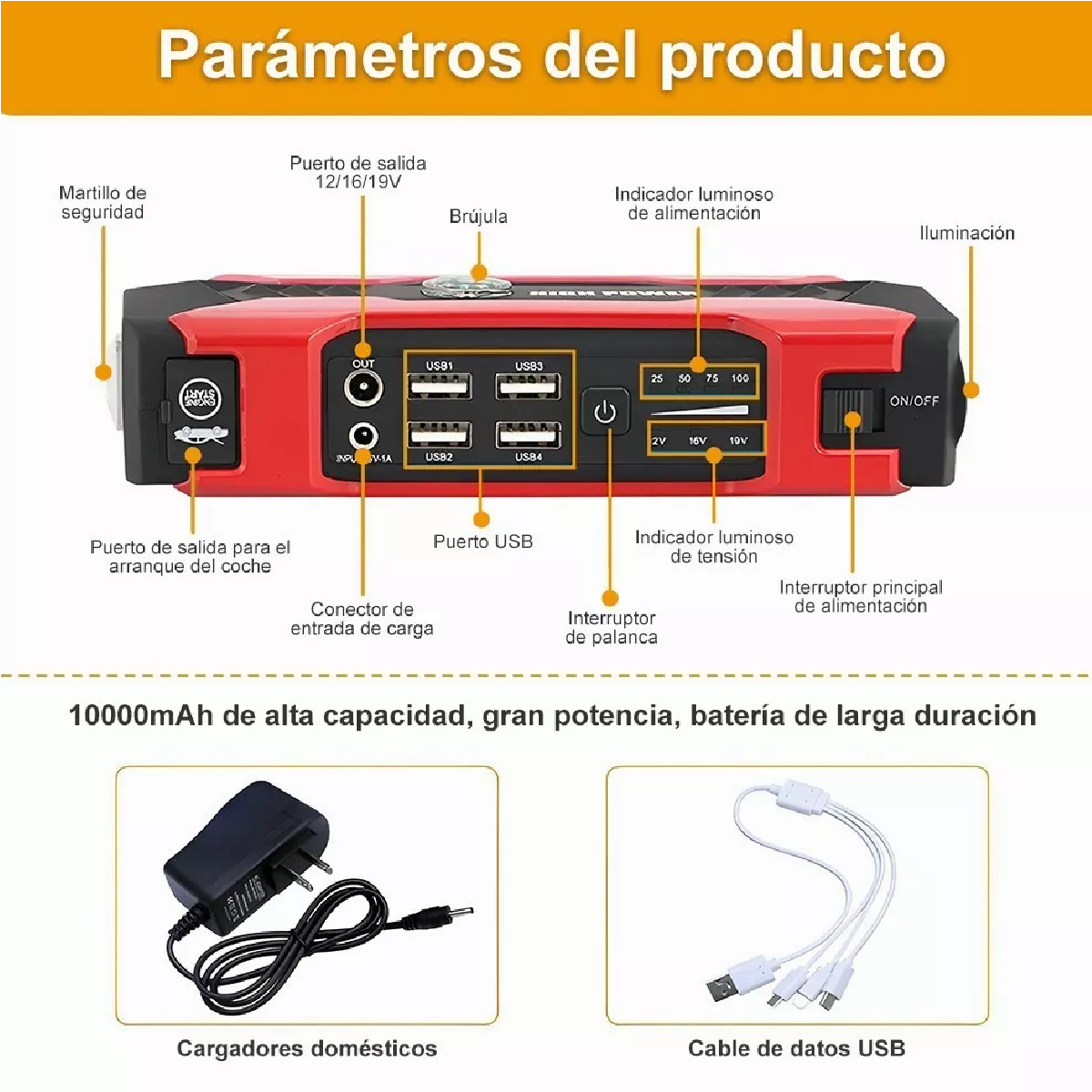 Arrancador De Batería Auto 1000a Con 28000mah Powerbank Negro/Rojo 
