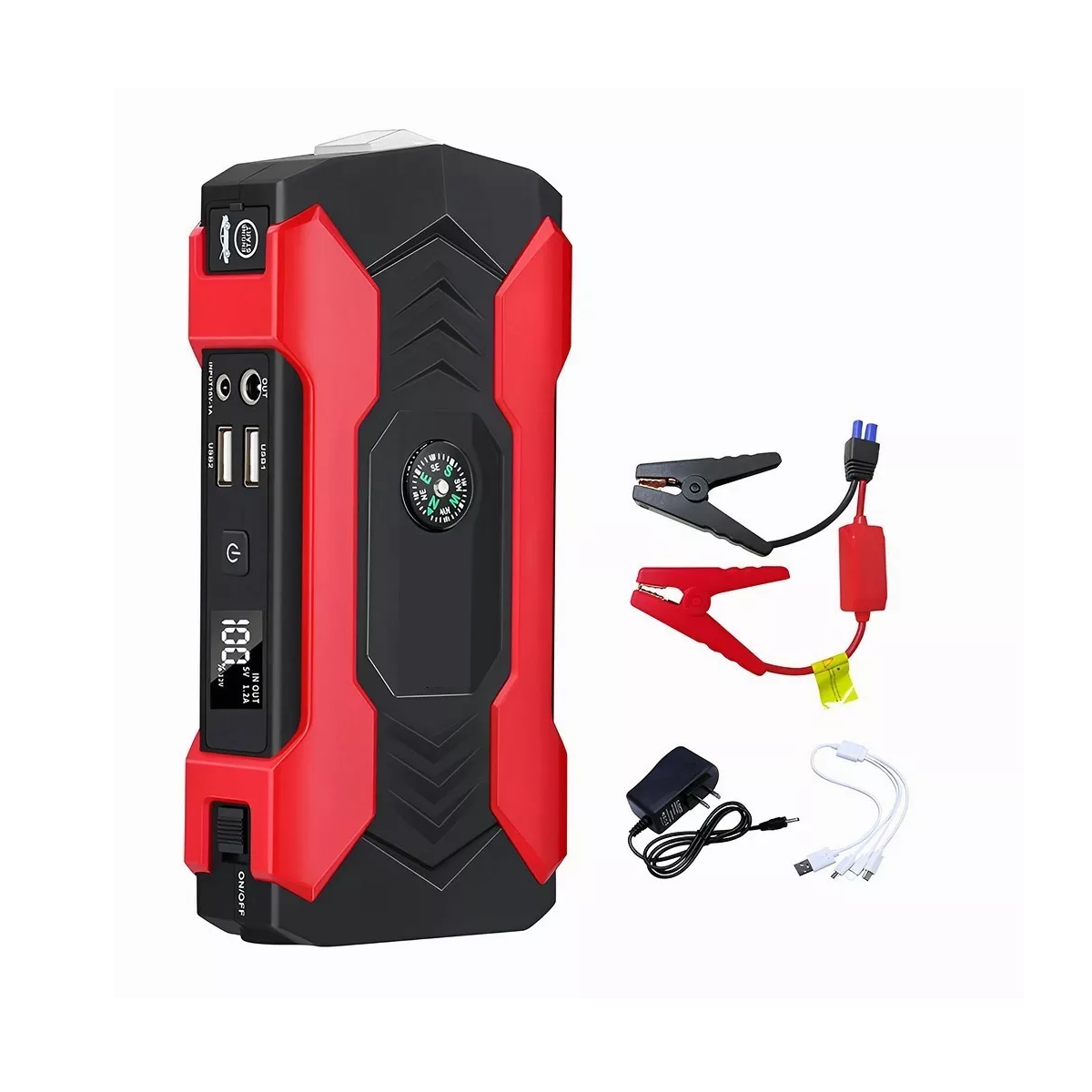 Arrancador De Batería Auto 1000a Con 28000mah Powerbank Negro/Rojo 