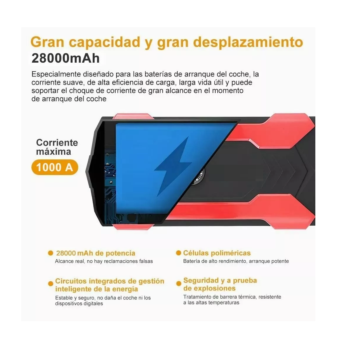 Arrancador De Batería Auto 1000a Con 28000mah Powerbank Negro/Rojo 