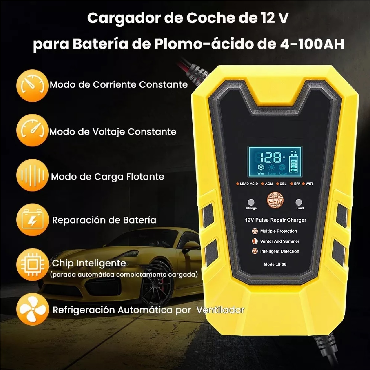 Cargador Inteligente De 12v Para Batería De Auto/motocicleta Amarilla/Negro 